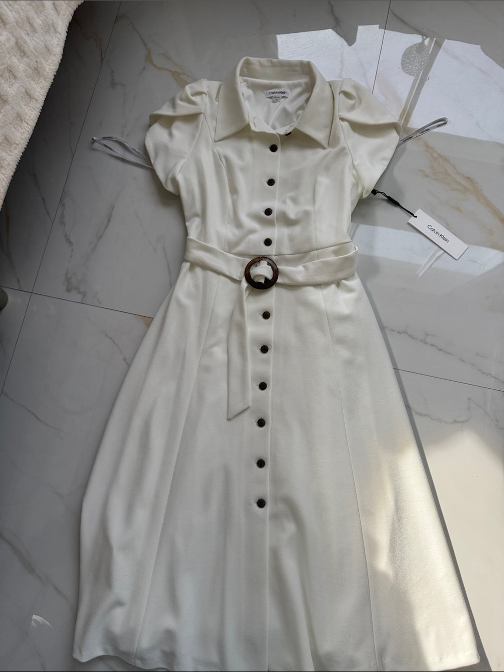 Calvin Klein Ivory Button-Front Belted Dress